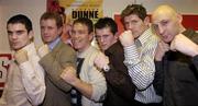 13 January 2005; Brian Peters promotions held a press conference to announce the professional homecoming of unbeaten Dublin featherweight prospect Bernard Dunne who will headline an international show at the National Stadium on February 19th. Also included on the bill are Irish boxers Francis Barrett, Jim Rock, Paul Hyland and Robert Murray. At the press conference are, from left, Bernard Dunne, featherweight, Brian Peters of Brian Peters Promotions, Francis Barrett, light-welterweight, Paul Hyland, flyweight, Jim Rock, super-middleweight, and Robert Murray, light-welterweight. Burlington Hotel, Dublin. Picture credit; Brian Lawless / SPORTSFILE
