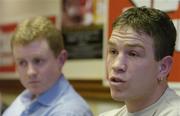 13 January 2005; Francis Barrett with Brian Peters of Brian Peters Promotions, left, speaking at a press conference to announce the professional homecoming of unbeaten Dublin featherweight prospect Bernard Dunne who will headline an international show at the National Stadium on February 19th. Also included on the bill are Irish boxers Francis Barrett, Jim Rock, Paul Hyland and Robert Murray. Burlington Hotel, Dublin. Picture credit; Brian Lawless / SPORTSFILE