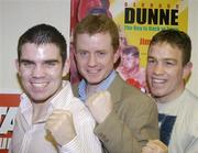 13 January 2005; Brian Peters Promotions held a press conference to announce the professional homecoming of unbeaten Dublin featherweight prospect Bernard Dunne who will headline an international show at the National Stadium on February 19th. Also included on the bill are Irish boxers Francis Barrett, Jim Rock, Paul Hyland and Robert Murray. At the press conference are, from left, Bernard Dunne, Brian Peters of Brian Peters Promotions and Francis Barrett. Burlington Hotel, Dublin. Picture credit; Brian Lawless / SPORTSFILE