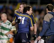 15 January 2005; Shane Jennings, Leinster's man of the match, is congratulated by team-mate Filipe Contepomi, 21, on scoring a try for his side. Heineken European Cup 2004-2005, Round 6, Pool 2, Leinster v Benetton Treviso, Lansdowne Road, Dublin. Picture credit; Matt Browne / SPORTSFILE