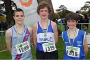 17 November 2013; James Maguire, D.S.D, Co. Dublin, left, Aaron McGlynn, Finn Valley A.C, Co. Donegal, centre, and Darragh McElhinney, Munster, after the Boys U14's race at the 2013 Woodie’s DIY Inter County & Juvenile Even Age Cross Country Championships of Ireland. Santry Demesne, Santry, Co. Dublin. Picture credit: Ramsey Cardy / SPORTSFILE