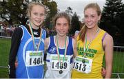 17 November 2013; Isabel Carron, Skerries A.C, Co. Dublin, left, Siofra O'Flaherty, St Laurence O'Toole A.C, Co. Carlow, centre, and Amy Hamill, Glaslough Harriers, Co. Monaghan, after the Girls U16's race at the 2013 Woodie’s DIY Inter County & Juvenile Even Age Cross Country Championships of Ireland. Santry Demesne, Santry, Co. Dublin. Picture credit: Ramsey Cardy / SPORTSFILE
