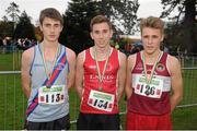 17 November 2013; Jack MacGabhann, D.S.D, Co. Dublin, left, Kevin Mulcaire, Ennis Track Club, Co. Clare, centre, and Padraig Moran, Mullingar Harriers, Co. Westmeath, after the Boys U18's race at the 2013 Woodie’s DIY Inter County & Juvenile Even Age Cross Country Championships of Ireland. Santry Demesne, Santry, Co. Dublin. Picture credit: Ramsey Cardy / SPORTSFILE