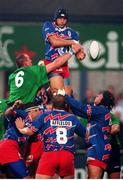 25 September1998; Christopher Moni, Stade Francais, wins possession in the line-out ahead of Trevor Brennan, Leinster. European Rugby Cup, Leinster v Stade Francais, Donnybrook, Dublin. Picture credit: Matt Browne / SPORTSFILE