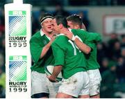 14 November 1998; Ireland's Ciaran Scally is congratulated by team-mates Paul Wallace, left, and Eric Elwood after scoring a try. Rugby World Cup Qualifier, Ireland v Georgia, Lansdowne Road, Dublin. Picture credit: Matt Browne / SPORTSFILE