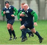 18 November 1998: Ireland's Keith Wood, Jonathan Bell, centre, and Justin Fitzpatrick, left, in action during squad training. Ireland Rugby Squad Training, Greystones RFC, Greystones, Co. Wicklow. Picture credit: Matt Browne / SPORTSFILE