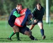 24 November 1998; Ireland's Keith Wood is tackled by team-mate Ciaran Scally, left, and Peter Clohessy, right, during squad training. Ireland Rugby Squad Training, Garda R.F.C., Westmanstown, Lucan, Dublin. Picture credit: Matt Browne / SPORTSFILE