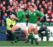 14 November 1998; Pat Duignan, Ireland, supported by team-mate Conor O'Shea, right. Rugby World Cup Qualifier, Ireland v Georgia, Lansdowne Road, Dublin. Picture credit: Matt Browne / SPORTSFILE
