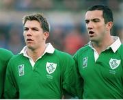 14 November 1998; Ireland's Justin Bishop, left, and Conor O'Shea during the national anthems. Rugby World Cup Qualifier, Ireland v Georgia, Lansdowne Road, Dublin. Picture credit: Matt Browne / SPORTSFILE