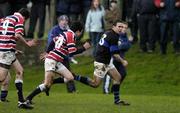 21 January 2005; Max Rantz-MacDonald, Mount Temple in action against Henry Micks, (10) and Evan McLoughlin, Wesley College. Leinster Schools, Vinnie Murray Senior Cup Quarter-Final, Wesley College v Mount Temple, Williamstown, Dublin. Picture credit; David Levingstone / SPORTSFILE