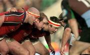 15 January 2005; The Munster front row, from left, John Hayes, Frank Sheahan and Marcus Horan prepare to engage in a scrum against NEC Harlequins. Heineken European Cup 2004-2005, Round 6, Pool 4, NEC Harlequins v Munster, Twickenham, England. Picture credit; Brendan Moran / SPORTSFILE
