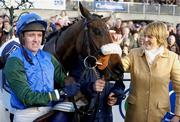 23 January 2005; Jockey Barry Geraghty and trainer Jessica Harrington with Macs Joy after winning the AIG Europe Champion Hurdle. Leopardstown Racecourse, Dublin. Picture credit; Matt Browne / SPORTSFILE