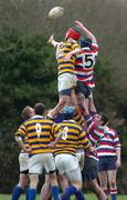 25 January 2005; Philip Hughes, Templeogue, wins possession in the line-out from Joe Glennon, Skerries Community College. Leinster Schools Vinnie Murray Senior Cup Replay, Templeogue v Skerries Community College, Coolmine RFC, Dublin. Picture credit; Pat Murphy / SPORTSFILE