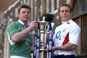 26 January 2005; Ireland captain Brian O'Driscoll with the Six Nations trophy with Jonny Wilkinson, standing in for England captain Jason Robinson. 2005 RBS Six Nations Rugby Championship Launch, Dean's Yard, Westminster, London, England. Picture credit; Brendan Moran / SPORTSFILE