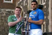 26 January 2005; Ireland captain Brian O'Driscoll with the Six Nations trophy and Marco Bortolami, Italy. Ireland take on Italy in the first game of the Six Nations Championship of 2005. 2005 RBS Six Nations Rugby Championship Launch, Dean's Yard, Westminster, London, England. Picture credit; Brendan Moran / SPORTSFILE