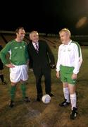 26 January 2005; An Taoiseach Bertie Ahern, T.D., centre, before the start of the game with Richard Fahy, left, FAI / Media team, and Jimmy Deenihan T.D., Oireachtas team. Charity Match, FAI / Media team  v Oireachtas team, Dalymount Park, Dublin. Picture credit; David Maher / SPORTSFILE