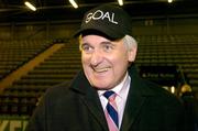26 January 2005; An Taoiseach Bertie Ahern, T.D., wears a GOAL cap before the start of the game. Charity Match, FAI / Media team  v Oireachtas team, Dalymount Park, Dublin. Picture credit; David Maher / SPORTSFILE