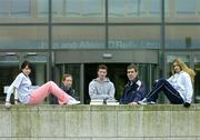 27 January 2005; DCU Athgletic coach Enda Fitzpatrick, second from right, with DCU athletes, from left, Tracey Williams, Martina McCarthy, Eoin Higgins and Linda Byrne. Dublin City University, Dublin. Picture credit; Brendan Moran / SPORTSFILE