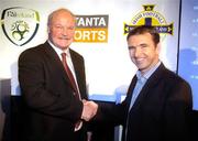 27 January 2005; Ronnie McFall, Portadown manager, shakes hands with Pat Fenlon, Shelbourne manager. Portadown and Shelbourne have been drawn against each-other in the inaugural Setanta Cup 2005, which is a competition between three top teams in the eircom league and in the Irish League. Bru na Boinne Visitor Centre, Donore, Co. Louth. Picture credit; Damien Eagers / SPORTSFILE