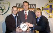 27 January 2005; Longford Town manager Alan Mathews, centre, with Pat McShane, left, Linfield and Scott Young,  Glentoran. Longford Town will play Glentoran and Linfield Town in the inaugural Setanta Cup 2005, which is a competition between three top teams in the eircom league and in the Irish League. Bru na Boinne Visitor Centre, Donore, Co. Louth. Picture credit; Damien Eagers / SPORTSFILE