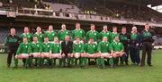 21 January 1995; The Ireland team, back row from left; Terry Kingston, Maurice Field, Simon Geoghagan, David Corkery, Paddy Johns, Neil Francis, Mick Galwey, Anthony Foley, Niall Woods, Eric Elwood, Gary Halpin and Gabrielle Fulcher. Front row from left; Paul Burke, Conor O'Shea, Phil Danaher, Niall Hogan, Ken Reid, IRFU President, Brendan Mullin, Peter Clohessy, Keith Wood and Nick Popelwell. Five Nations Championship, Ireland v England, Lansdowne Road, Dublin. Picture credit; Brendan Moran / SPORTSFILE