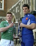 26 January 2005; Ireland captain Brian O'Driscoll with French captain Fabien Pelous and the Six Nations Championship trophy. 2005 RBS Six Nations Rugby Championship, Dean's Yard, Westminster, London, England. Picture credit; Brendan Moran / SPORTSFILE