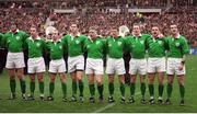 7 March 1998; Ireland players, from left, Paddy Johns, Kevin Maggs, Conor McGuinness, Andy Ward, Paul Wallace, Richard Wallace, Denis Hickie, Rob Henderson and Conor O'Shea stand for the national anthems before the game. Five Nations Rugby Championship, France v Ireland, Stade De France, Paris, France. Picture credit: Brendan Moran / SPORTSFILE
