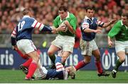 7 March 1998; Andy Ward, Ireland, supported by team-mate Kevin Maggs, right, is tackled by Philippe Benetton, left, and Thomas Castaignede, France. Five Nations Rugby Championship, France v Ireland, Stade De France, Paris, France. Picture credit: Brendan Moran / SPORTSFILE