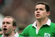 7 March 1998; Ireland's Andy Ward alongside scrum-half Conor McGuinness, left, during the National Anthems. Five Nations Rugby Championship, France v Ireland, Stade De France, Paris, France. Picture credit: Brendan Moran / SPORTSFILE