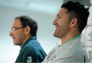 18 November 2013; Republic of Ireland's Robbie Keane, right, and manager Martin O'Neill speaking to the press ahead of their international friendly game against Poland on Tuesday. Republic of Ireland Press Conference, Municipal Stadium, Poznan, Poland. Picture credit: David Maher / SPORTSFILE