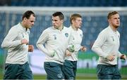 18 November 2013; Republic of Ireland players, from left to right, Anthony Stokes, Seamus Coleman, James McClean and Alex Pearce in action during squad training ahead of their international friendly against Poland on Tuesday. Republic of Ireland Squad Training, Municipal Stadium, Poznan, Poland. Picture credit: David Maher / SPORTSFILE