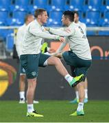18 November 2013; Republic of Ireland's James McCarthy, left, and Robbie Keane during squad training ahead of their international friendly against Poland on Tuesday. Republic of Ireland Squad Training, Municipal Stadium, Poznan, Poland. Picture credit: David Maher / SPORTSFILE