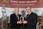 18 November 2013; Dr. Noel Cawley receives the HSI Recognition for a Successful Showjumping Breeding Programme award from Jim Beecher, Chairman of the Breeding Sub- Board HSI, during the HSI Annual Breeder Awards. Bloomfield House Hotel, Mullingar, Co. Westmeath. Picture credit: Barry Cregg / SPORTSFILE