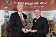 18 November 2013; John Hughes receives the HSI Outstanding Contribution to ISH Breeding award from Jim Beecher, Chairman of the Breeding Sub- Board HSI, during the HSI Annual Breeder Awards. Bloomfield House Hotel, Mullingar, Co. Westmeath. Picture credit: Barry Cregg / SPORTSFILE