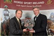 18 November 2013; Tom Hurley receives a HSI award for his contribution and dedication to the Irish Horse Register from Jim Beecher, Chairman of the Breeding Sub- Board HSI, during the HSI Annual Breeder Awards. Bloomfield House Hotel, Mullingar, Co. Westmeath. Picture credit: Barry Cregg / SPORTSFILE