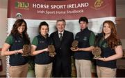 18 November 2013; Alyssa O'Neill, from Co. Kildare, Orla Dooley, from Co. Kilkenny, Ruaidhri Ó Cianain, from Co. Galway, and Caoimhe Kenny, from Co. Laois, receives the HSI Young Breeder Team of the Year 2013 award from Jim Beecher, Chairman of the Breeding Sub- Board HSI, during the HSI Annual Breeder Awards. Bloomfield House Hotel, Mullingar, Co. Westmeath. Picture credit: Barry Cregg / SPORTSFILE