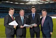 19 November 2013; Pictured are, from left, Dessie Farrell, CEO of the Gaelic Players Association, Uachtarán Chumann Lúthchleas Gael Liam Ó Néill, John C. Murphy, Director, GAA National Injury Database, and Ger Ryan, Committee Chairman, in attendance at a GAA medical, scientific and welfare committee media briefing. Croke Park, Dublin. Photo by Sportsfile