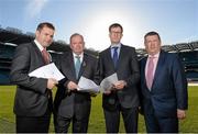 19 November 2013; Pictured are, from left, Dessie Farrell, CEO of the Gaelic Players Association, Uachtarán Chumann Lúthchleas Gael Liam Ó Néill, John C. Murphy, Director, GAA National Injury Database, and Ger Ryan, Committee Chairman, in attendance at a GAA medical, scientific and welfare committee media briefing. Croke Park, Dublin. Photo by Sportsfile