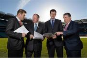 19 November 2013; Pictured are, from left, Dessie Farrell, CEO of the Gaelic Players Association, Uachtarán Chumann Lúthchleas Gael Liam Ó Néill, John C. Murphy, Director, GAA National Injury Database, and Ger Ryan, Committee Chairman, in attendance at a GAA medical, scientific and welfare committee media briefing. Croke Park, Dublin. Photo by Sportsfile