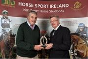 18 November 2013; Pat Nihill, from Co. Clare, receives the HSI Breeder of the Top International Showjumper award from Jim Beecher, Chairman of the Breeding Sub- Board HSI, during the HSI Annual Breeder Awards. Bloomfield House Hotel, Mullingar, Co. Westmeath.  Picture credit: Barry Cregg / SPORTSFILE