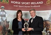 18 November 2013; Judith Sossick, from Co. Antrim, receives the HSI ISH That Contributed most to an Irish Showjumping Team 2013 award from Jim Beecher, Chairman of the Breeding Sub- Board HSI, during the HSI Annual Breeder Awards. Bloomfield House Hotel, Mullingar, Co. Westmeath.  Picture credit: Barry Cregg / SPORTSFILE