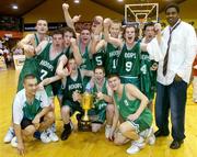 29 January 2005; The Galwey Auctioneering Hoops team celebrate with the cup after the game. National Cup, Junior Men's Final, Mardyke UCC Demons v Galwey Auctioneering Hoops, Dublin, ESB Arena, Tallaght, Dublin. Picture credit; Brendan Moran / SPORTSFILE