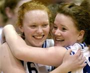 29 January 2005; Sligo Allstars players Claire Brennan, left, and Emma McGee celebrate after victory over Bausch and Lomb Wildcats. National Cup, Junior Women's Final, Sligo Allstars v Bausch and Lomb Wildcats, Waterford, ESB Arena, Tallaght, Dublin. Picture credit; Brendan Moran / SPORTSFILE