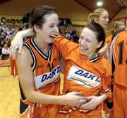 30 January 2005; DART Killester players Carmel Kissane, left, and Emma Pierce celebrate after victory over UL Aughinish. National Cup, Senior Women's Final, UL Aughinish v DART Killester, ESB Arena, Tallaght, Dublin. Picture credit; Brendan Moran / SPORTSFILE