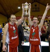 30 January 2005; Abrakebabra Tigers captains John Teahan and Kevin O'Donoghue lift the cup after the game. National Cup, Senior Men's Final, Abrakebabra Tigers, Tralee v Roma St Vincent's, ESB Arena, Tallaght, Dublin. Picture credit; Brendan Moran / SPORTSFILE