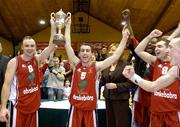 30 January 2005; Abrakebabra Tigers co-captains John Teahan and Kevin O'Donoghue, right, lift the cup watched by team-mates Roscoe Patterson, Liam Brosnan (8) and Kieran Donaghy. National Cup, Senior Men's Final, Abrakebabra Tigers, Tralee v Roma St Vincent's, ESB Arena, Tallaght, Dublin. Picture credit; Brendan Moran / SPORTSFILE