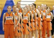 30 January 2005; The DART Killester team, led by Ashley Luke (4), stand for the national anthem before the game. National Cup, Senior Women's Final, UL Aughinish v DART Killester, ESB Arena, Tallaght, Dublin. Picture credit; Brendan Moran / SPORTSFILE