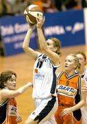 30 January 2005; Dearbhla Breen, UL Aughinish, in action against Gillian Morris, left, and Catriona White, DART Killester. National Cup, Senior Women's Final, UL Aughinish v DART Killester, ESB Arena, Tallaght, Dublin. Picture credit; Brendan Moran / SPORTSFILE