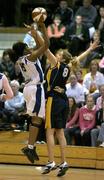 28 January 2005; Mobolaji Akiode, Vienna Woods Glanmire, in action against Nessa O'Keeffe, UL Aughinish. National Cup, Senior Women's Semi-Final, UL Aughinish, Limerick v Vienna Woods Glanmire, Cork, ESB Arena, Tallaght, Dublin. Picture credit; Brendan Moran / SPORTSFILE