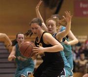 2 February 2005; Aoife Bannon, Calasanctius Oranmore, in action against Martina Griffin, Presentation Listowel. All-Ireland Schools Cup, U16 Cadette A Girls Final, Presentation Listowel, Co. Kerry v Calasanctius Oranmore, Co. Galway, National Basketball Arena, Tallaght, Dublin. Picture credit; Pat Murphy / SPORTSFILE